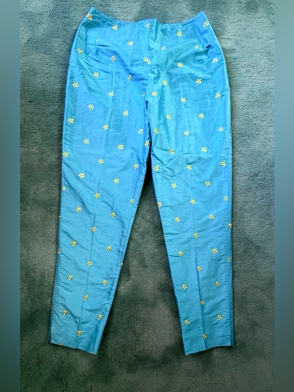 Sylvia Heisel Teal Straight-Leg Pants with Yellow Floral Embroidery